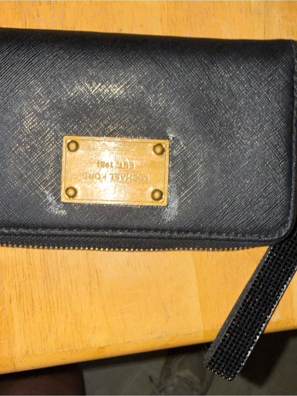 Michael Kors Navy Blue Saffiano Leather Zip Wristlet with Gold Plaque